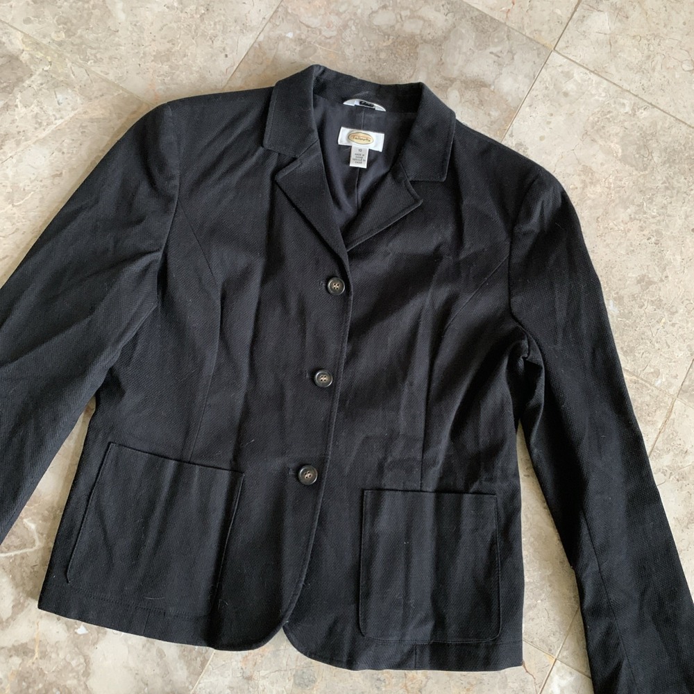 Vintage Talbots Women's Black Stretch Cotton Textured Jacket 10 Lined Pockets